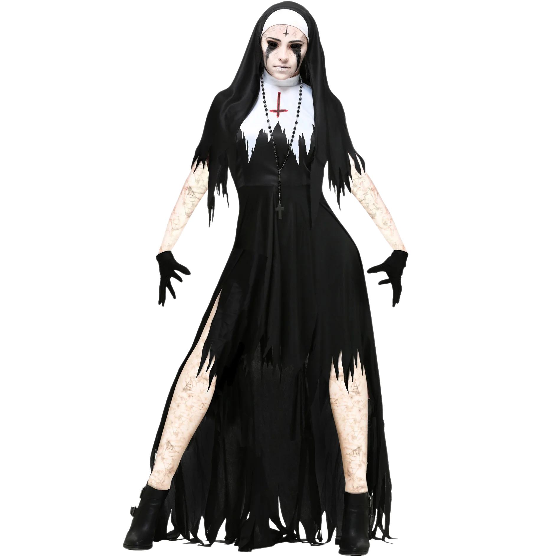 Terrifying Vampire Demon Nun Cosplay Dress for Women Holiday Black Party Long Sleeve Fancy Dress Hat Gloves Halloween Costumes