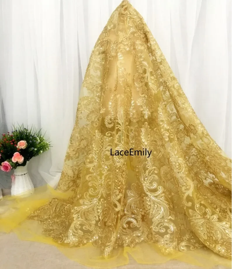 3 Colors Gold vintage court flowers lace fabric Heavy Embroidery sequins Flower Tulle for Bridal Dress ,Wedding Dress,