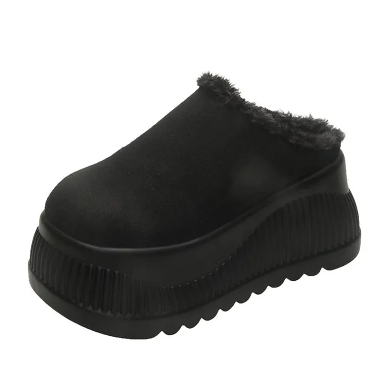 NEW Women Platform Fur Slippers Suede Mules Shoes Winter Trend Casual Snow Boots Short Plush Warm Cotton Shoes 10CM High Heels