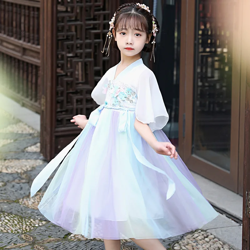 

Hanfu Girls' Summer New Super Fairy Jacket and Dress Chinese Style Little Girl's Ancient Dress Children's Short Sleeve Tang Suit