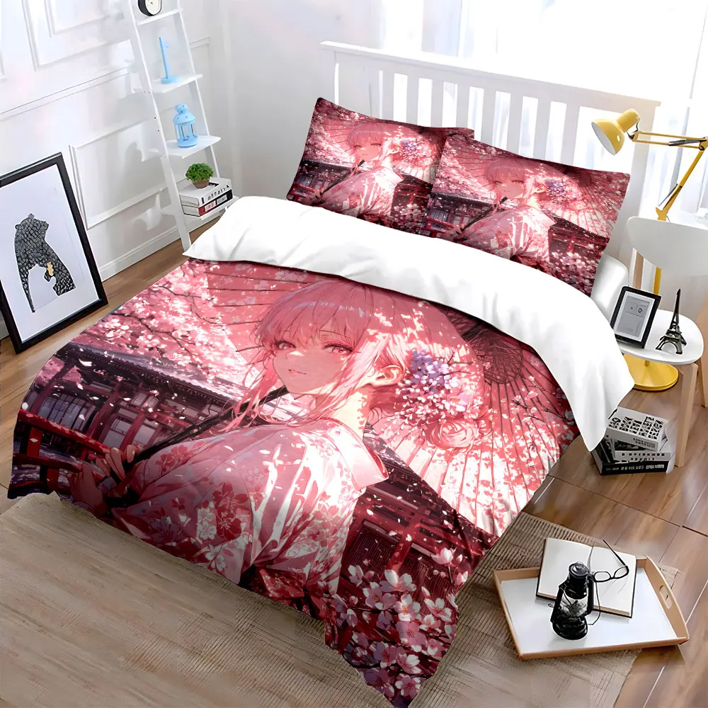Elegant girl in kimono with cherry blossoms Print Soft Comfortable Duvet Cover Bedding Set Included 1*Duvet Cover 2*Pillowcases