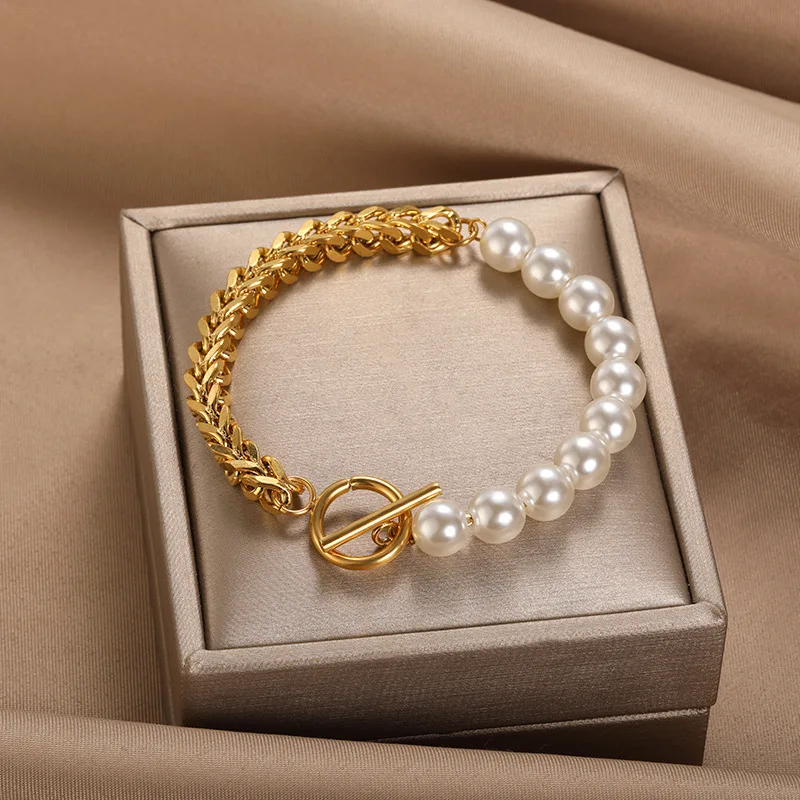 Ins Style Unique Design Feel Personality  Cuban Chain Combine Imitation Pearl OT Clasp Stainless Steel Bracelet for Women