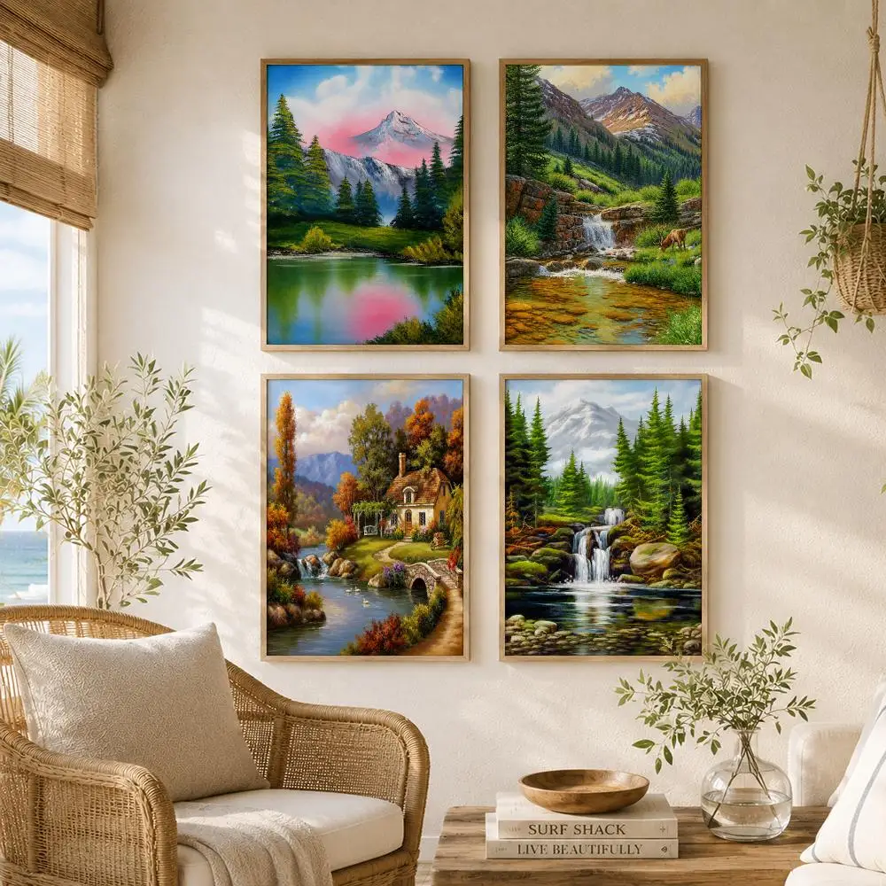 Alpine Mountain Lake Landscape Painting Calligraphy High-Quality Canvas Wall Mural Crease-Free for Living Room Bedroom Interiors