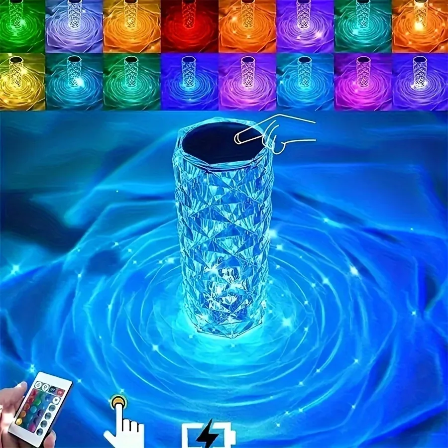 

LED Crystal Table Lamp Rose Light Projector 16 Colors Touch Night Light Romantic Diamond Atmosphere Light USB Home Bar Decor