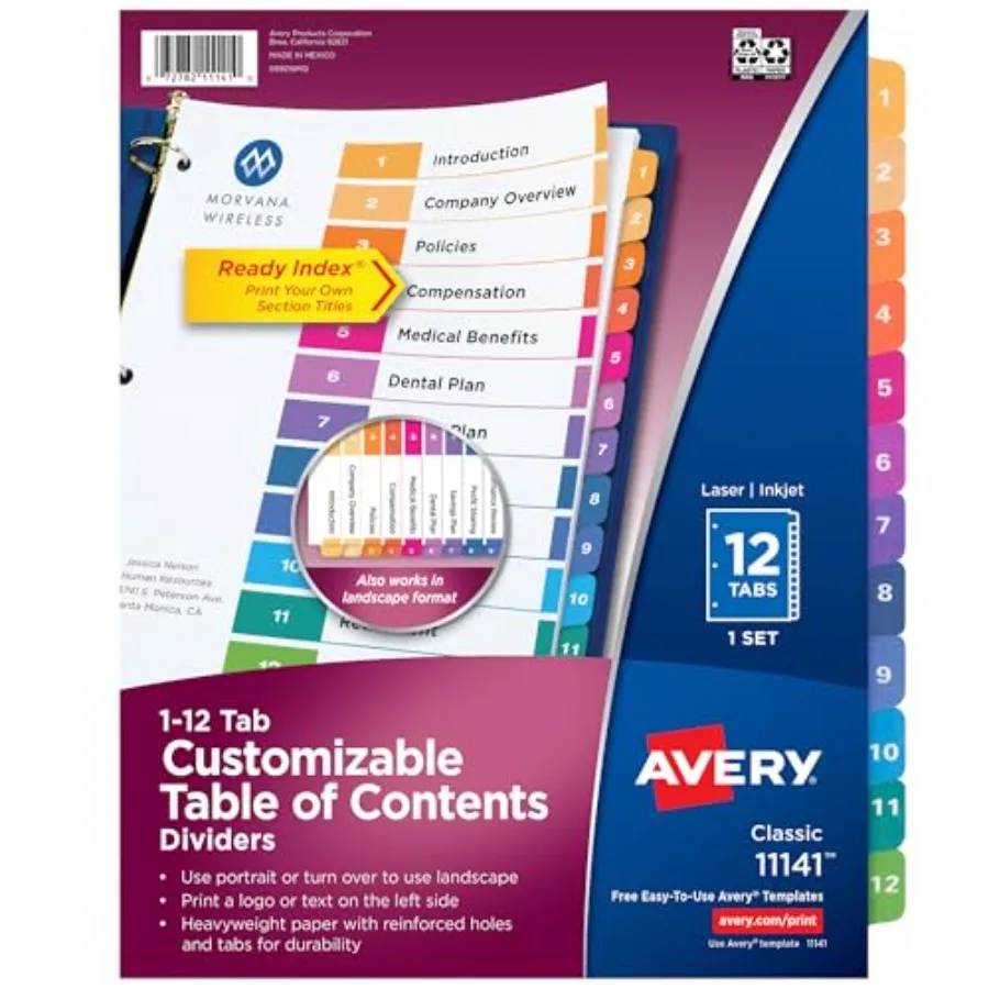 

Dividers for 3 Ring Binders, 12 Tabs per Set, Customizable Table of Contents, Multicolor Tabs, Great for Organizing Reports, Pr