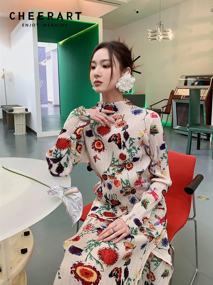 CHEERART 2 Piece Floral Print Pleated Blouse Spring 2022 Womens Korean Fashion Ladies Top Long Sleeve Designer Clothing