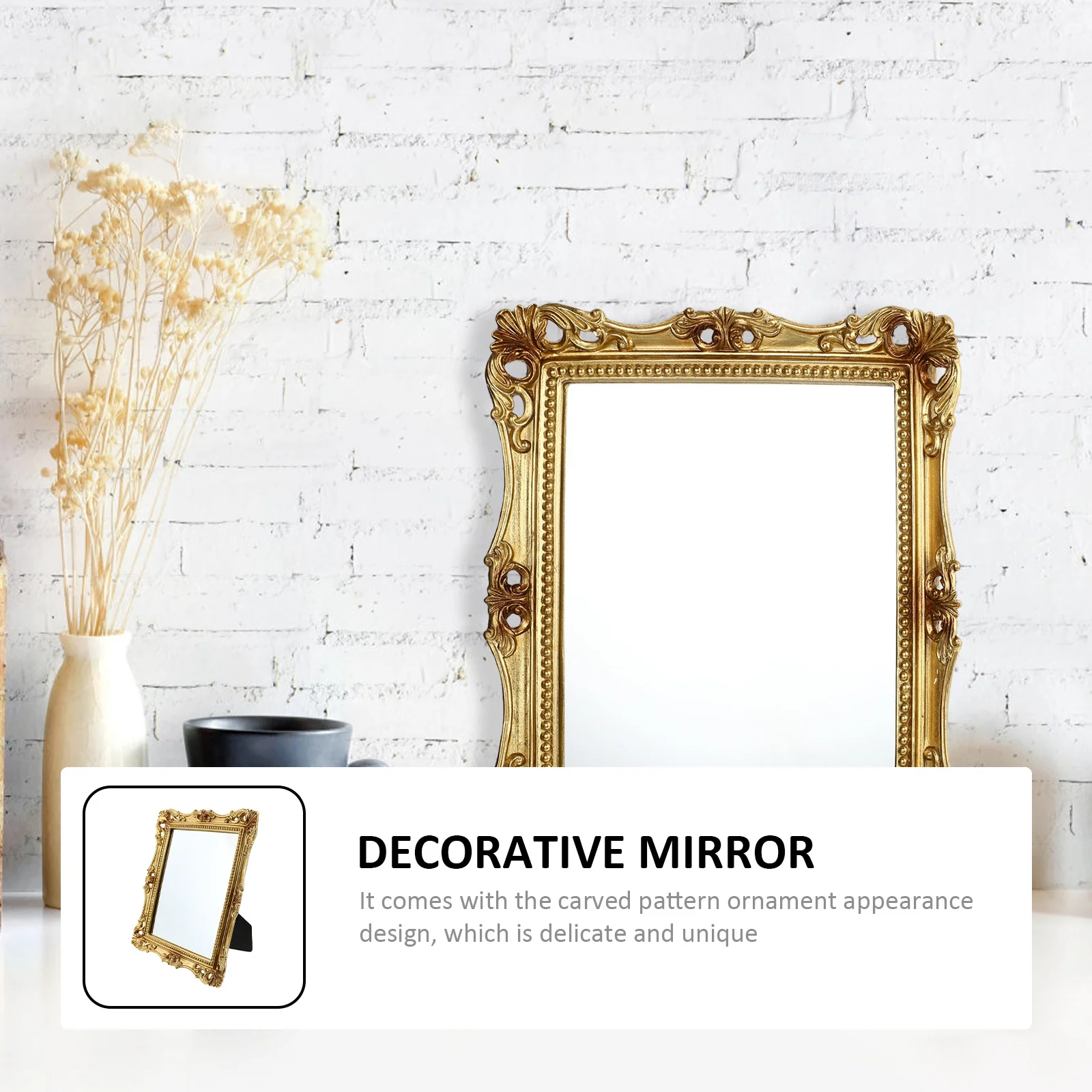 กระจกแต่งหน้าสไตล์วินเทจ 1 ชิ้น ลายแกะสลัก ทรงสี่เหลี่ยม กระจกตั้งโต๊ะ ทนทาน พื้นผิวใส