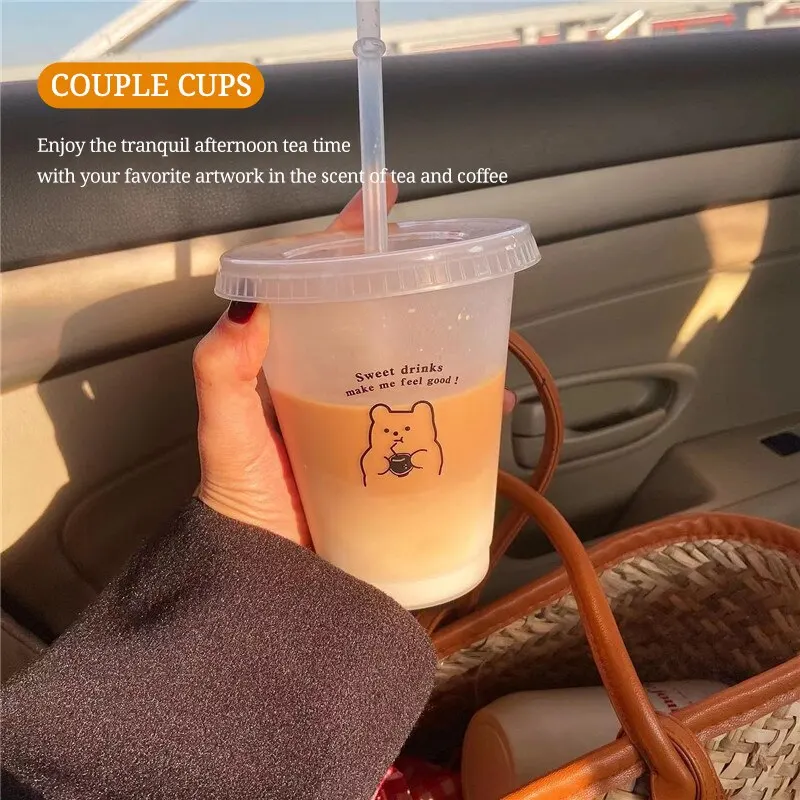 Plastic Straw Cup Large Capacity Handy Cup Drinking Coffee Milk Tea Drinks Summer Cartoon Bear Drinking Tools