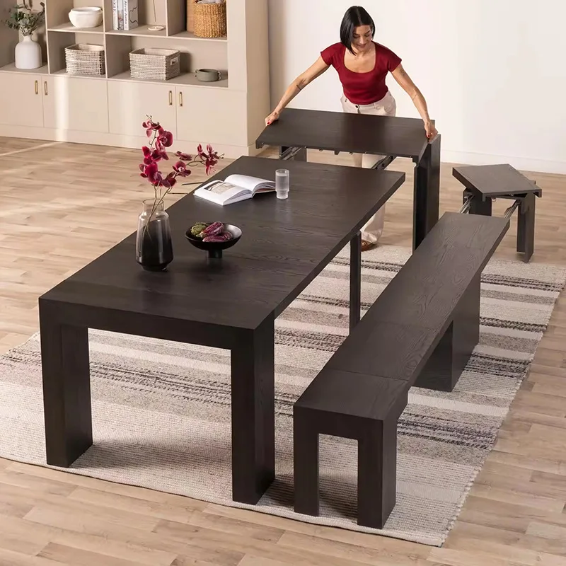 Pure solid wood, deformed and lengthened, large long table, retractable folding dining table, very narrow against the wall
