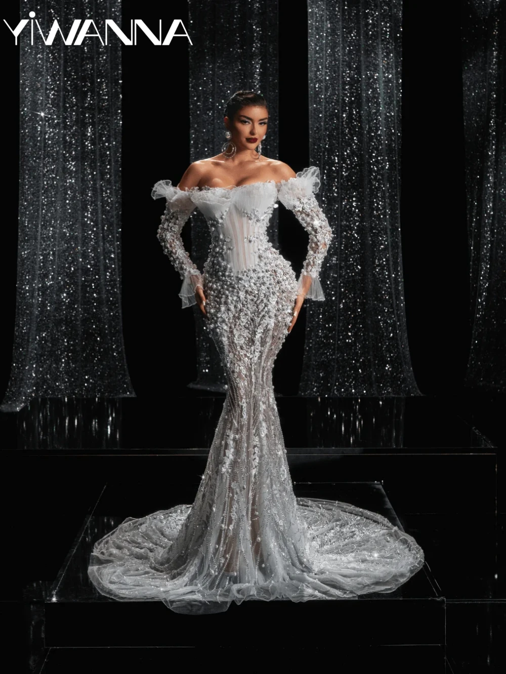 

New Arrival Embroidery Beaded Lace Wedding Dress Shiny Pearls Off Shoulder Bridal Gown Customized Luxurious Dresses For Bride