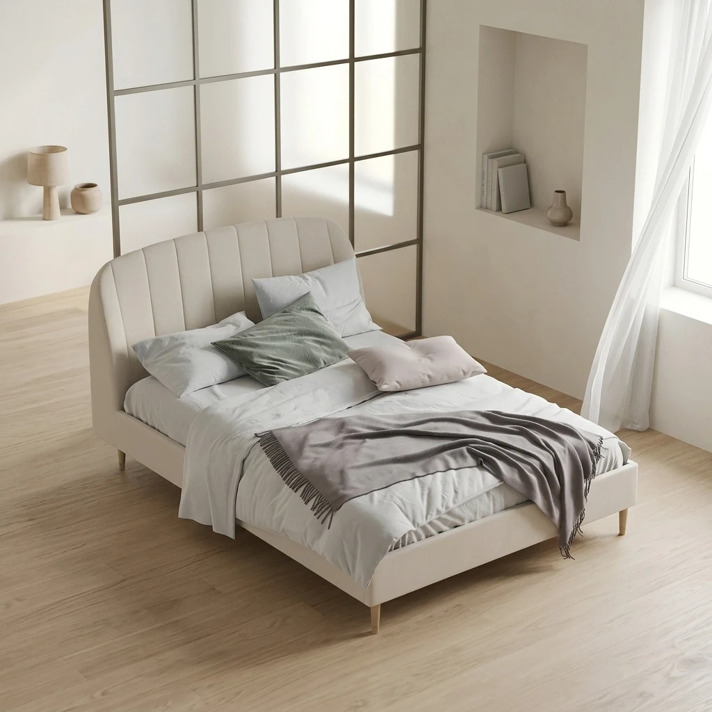 ^Modern Birch Metal Frame Soft Bed with Smooth Richly Dense Velvet Headboard