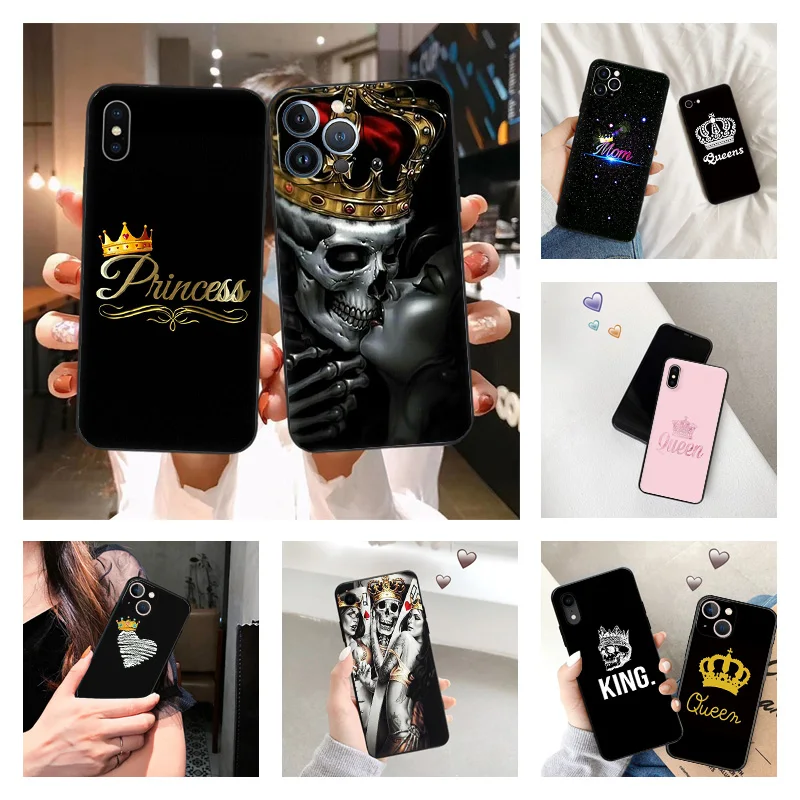 Black Matte Cell Phone Case For iphone 14 Pro Max 15 Plus 8 7 11 12 13 6s X XS XR SE Soft Queen King Princess Coque Crown Cover