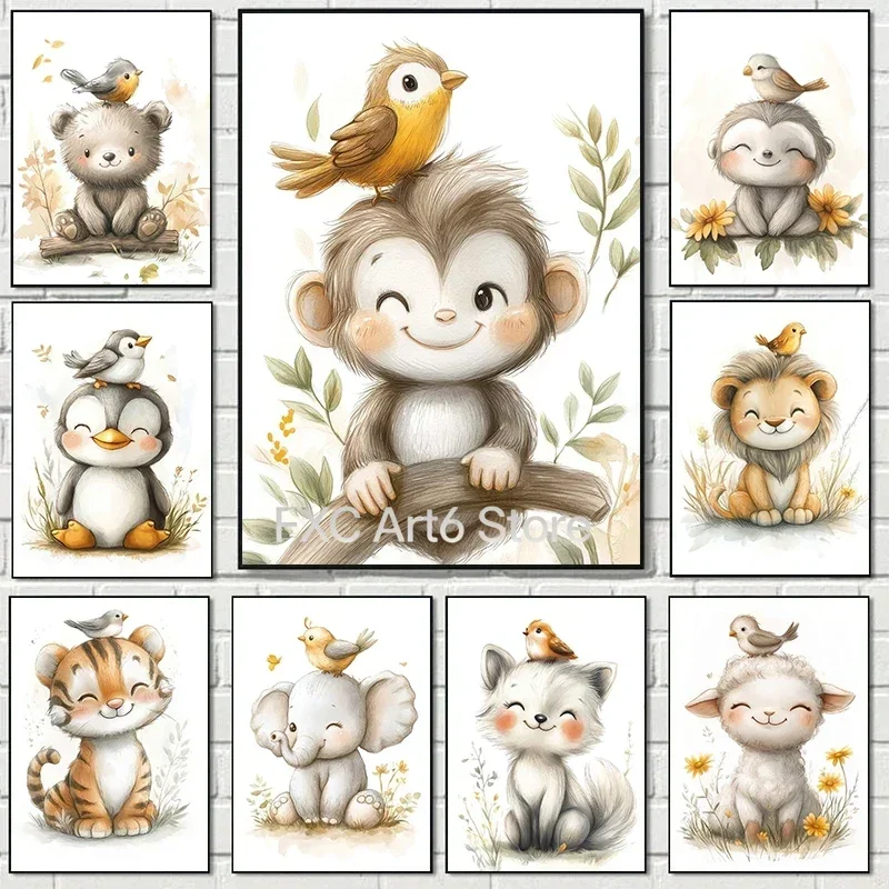 1 Pieza, Cuadro sin Marco, Estilo Boho, Ilustraciones de Animales de Dibujos Animados, Pósteres, Impresiones en Lienzo, Arte de Pared, Cuadro para Sala de Estar, Hogar, Habitación de Bebé