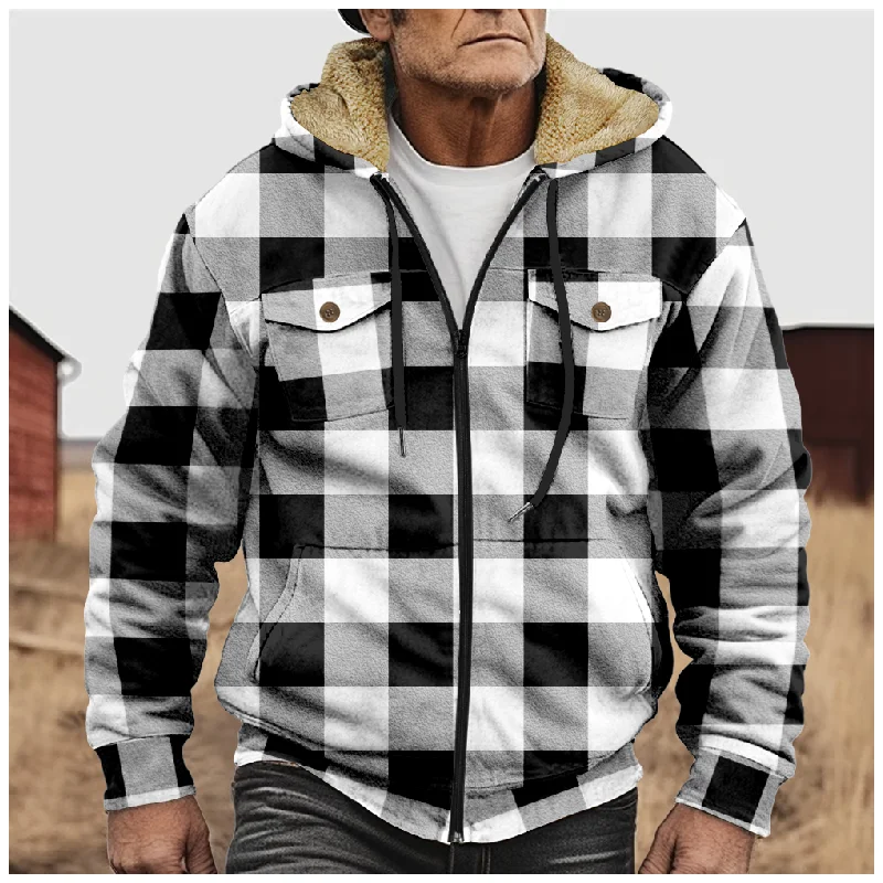 New plaid cotton jacket hooded sweater casual printed men's terry polar velvet zipper patch pocket hooded sweater