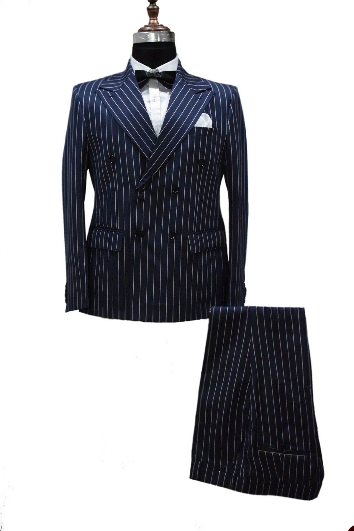 Pinstriped Men's Suits For Wedding Groom Wear Peaked Lapel Double Breasted Prom Business Tuxedos 2 Pcs Blazer Pants Homme