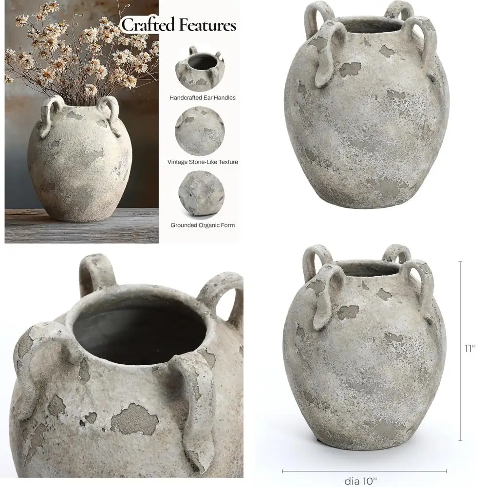 

11 Gray and White Round Terracotta Vase with Handles, Large Vintage Pottery for Home Decor Accents