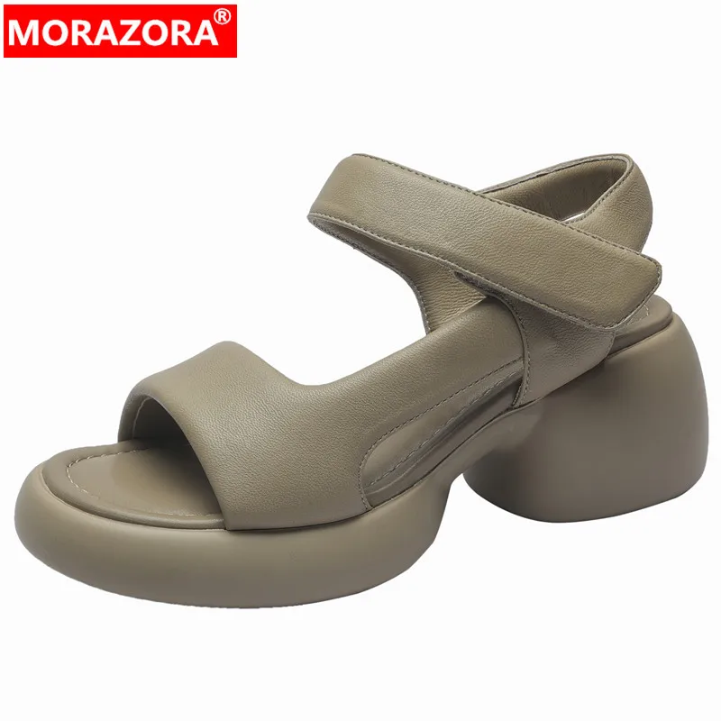 

MORAZORA 2024 New Sheepskin Leather Women's Sandals Thick High Heels Platform Sandals Classics Ladies Slingbacks Shoes