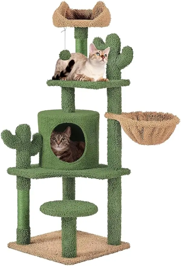 Cactus Cat Tree, 53in H Cat Tower for Indoor Cats, Multi-Level Cat Condo with Scratching Post & Hanging Ball, Activity