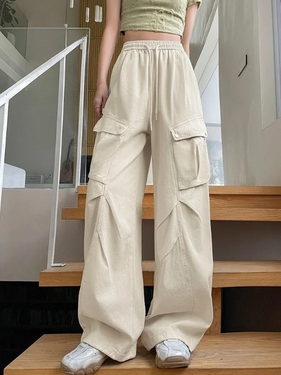 Pantaloni Americani a Vita Alta e Gamba Larga da Donna, Novità Autunno Inverno, Pantaloni Casual a Taglio Dritto con Grandi Tasche