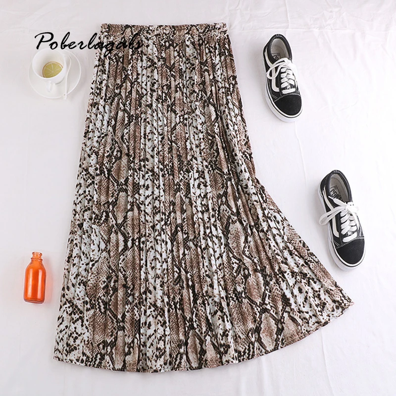 

Autumn winter women vintage elegant leopard skirt 2019 Women Snake print high waist pleated skirts womens Casual skirts female