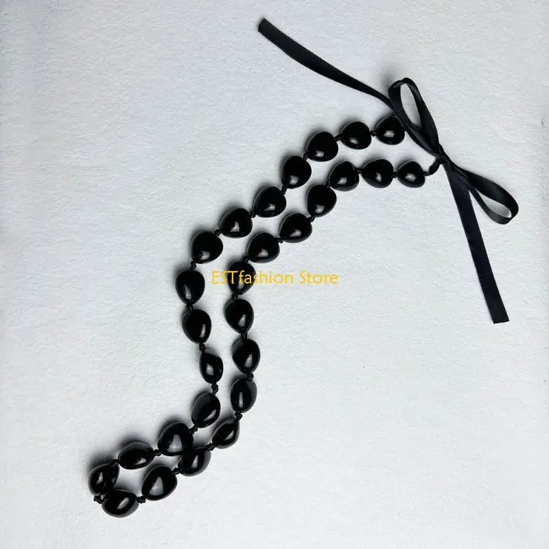 Y5GC Chunky Acrylic Black Beads Leis Necklace with Ribbon-Bow Class of Graduation