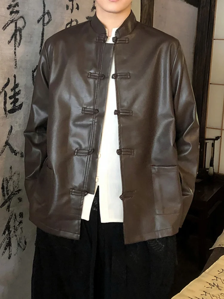 

Spring Autumn PU Leather Jaet Men's New Chinese Sle Clothing Button Decorated Stand Collar Tang Costume Hanfu Outerwear
