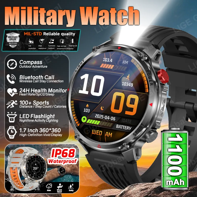 LIGE New Smart Watch Men 1100mAh Large Capacity Battery Outdoor Flashlight Compass BT Call Waterproof Sport Fitness Smartwatch