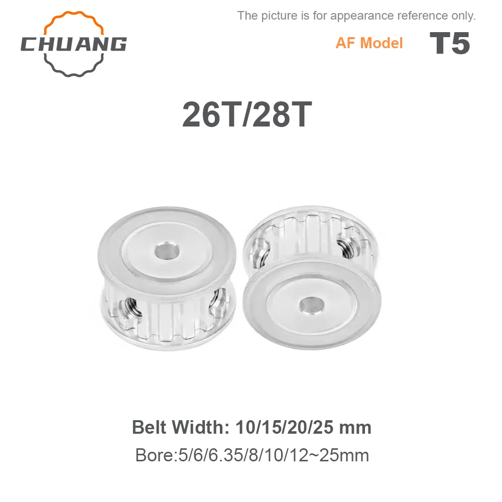 T5 Timing Pulley Aluminum Alloy 26T / 28T AF type Synchronous Wheel Belt Width 10/15/20/25mm Bore 5/6/6.35/8/10~25mm  T5 26T 28T