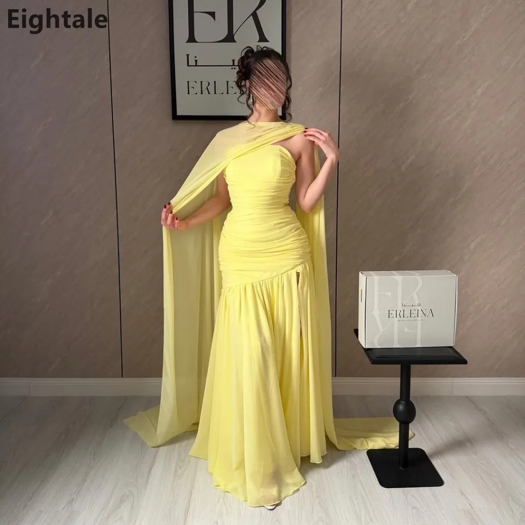 

Eightale 2026 Yellow Mermaid Chiffon Maxi Evening Dress With Cape Saudi Arabic Prom Dress Dubai Party Gown Customized