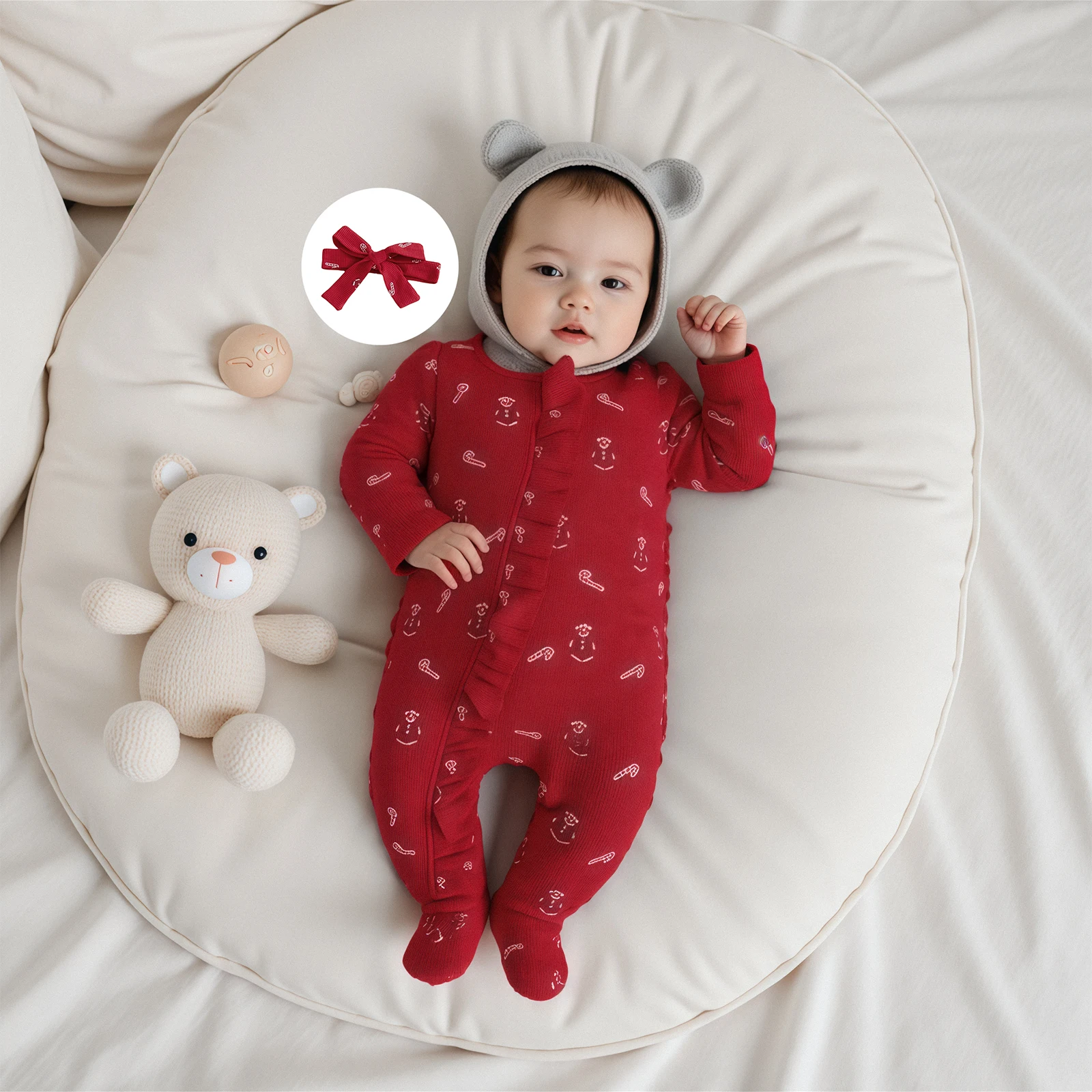 

Newborn Clothes Baby Girls Christmas Rompers Candy Cane Print Zip Up Footed Jumpsuits with Headband Xmas Outfits