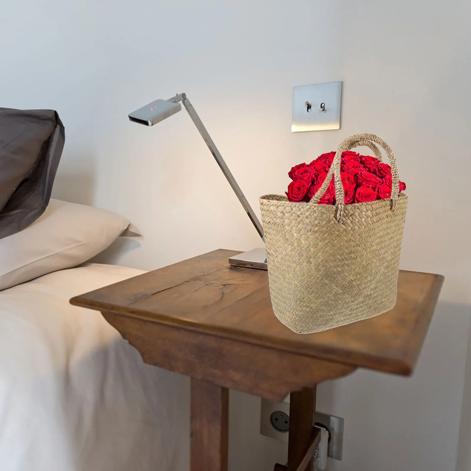 

1pc Straw Basket Hand Woven Storage Basket For Plant Flower Garden Decor Khaki Indoor Tree Pot Bamboo Planter Woven