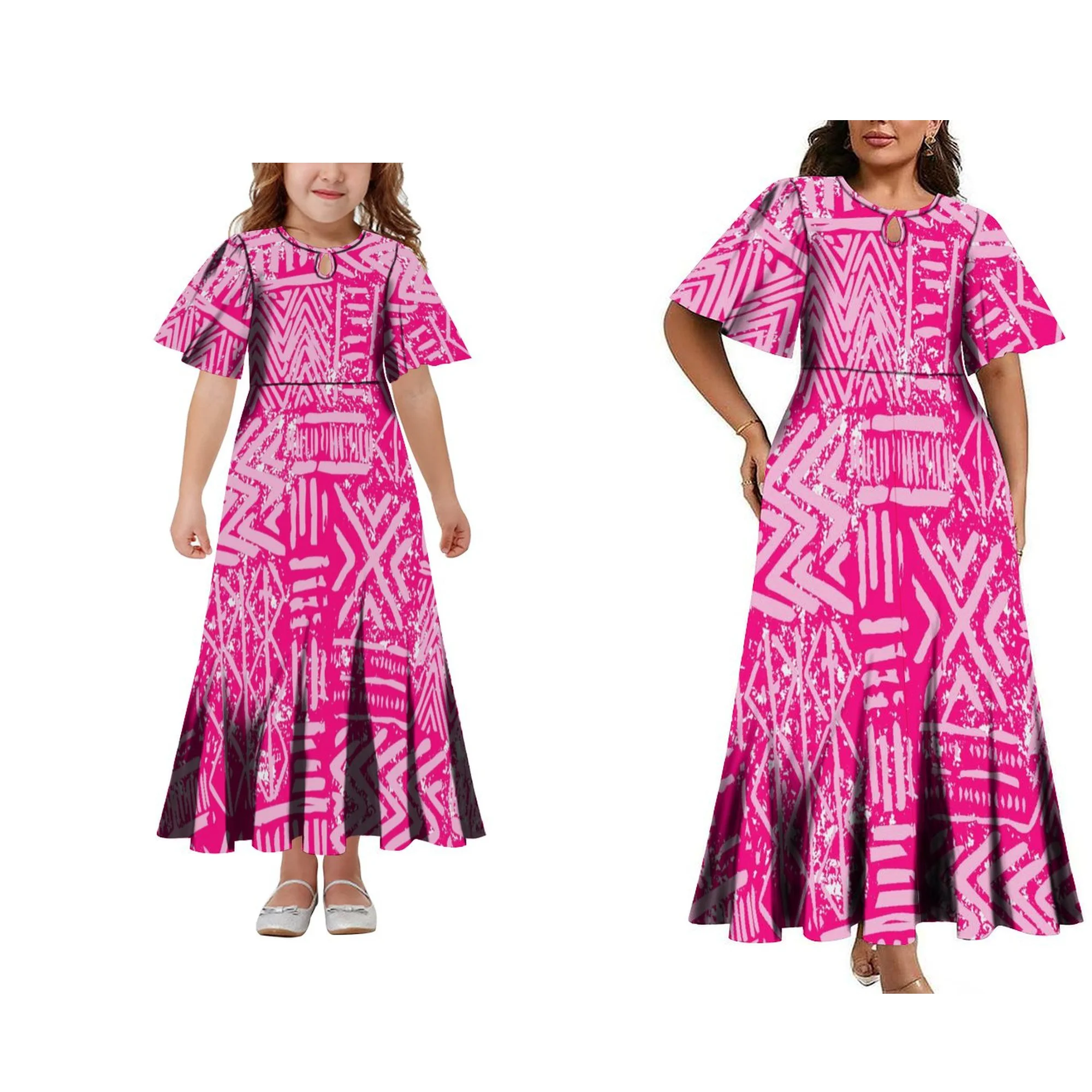 Nova chegada gota de água design manga alargamento polinésia meninas vestido personalizado verão mãe e filha vestido pai-filho outfit 2p
