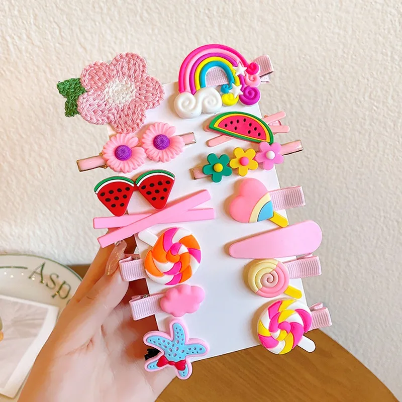 14Pcs/set Children's Hairpin Cute Bb Clip Girls Broken Hair Bangs Side Rainbow Girls Headgear Gift Cartoon Flowers image 5