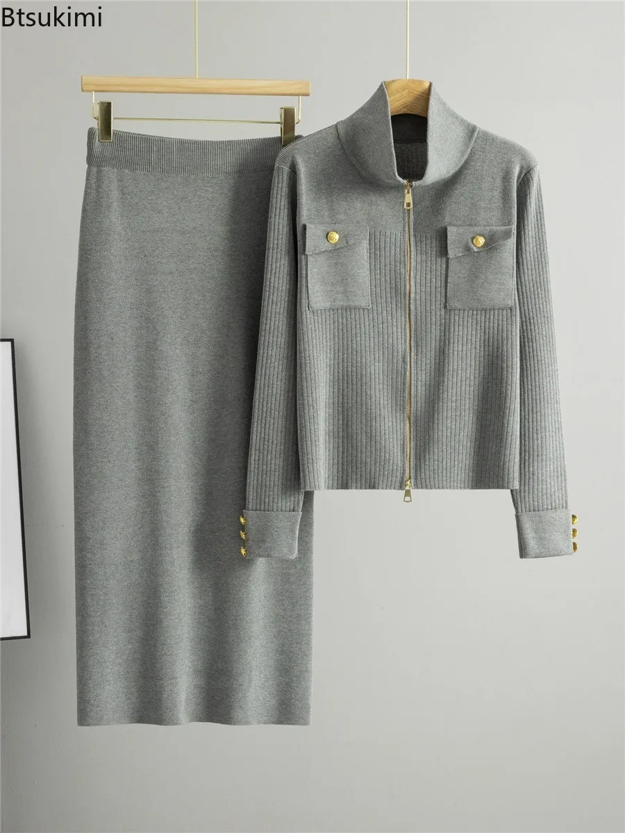 Women Polo Collar Knitted Skirt Set Solid Color Lapel Collar Zip Sweater Cardigan+Slimming High Waist Knitted Skirt 2-piece Set image 3