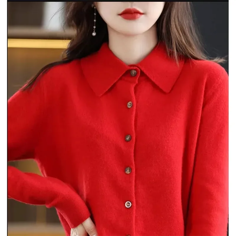 Autumn And Winter New Women\'s Cardigan Exquisite POLO Collar Long Sleeved Sweater Large Wool Knitted lapel Collar Sweater Purple