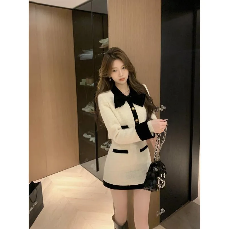 Classic-inspired Bow Set for Petite Women Female Office Lady, Autumn Winter Complete Outfit Elegant Skirt Two-piece Hot Sale