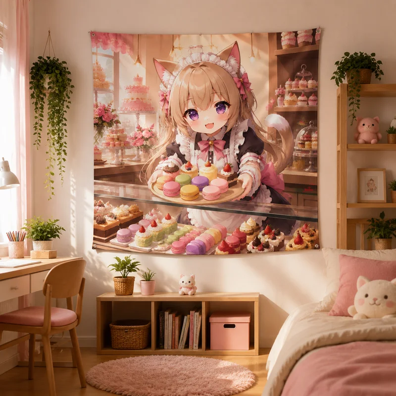 VIKAMA Cat Maid Anime Tapestry, Macaron Cake & Dessert Shop Wall Hanging, Cute Kitten and Girl Print Wall Hanging, Home Decor