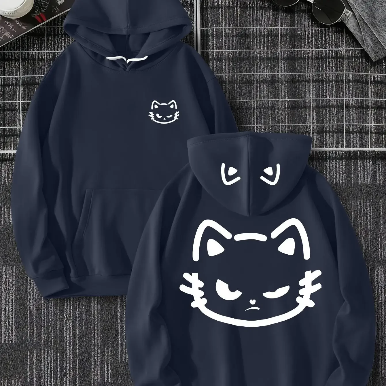 Minimal White Line Angry Cat Print Hoodie Men Harajuku Style Loose Pullover Casual Pocket Long‑sleeve Sweatshirt