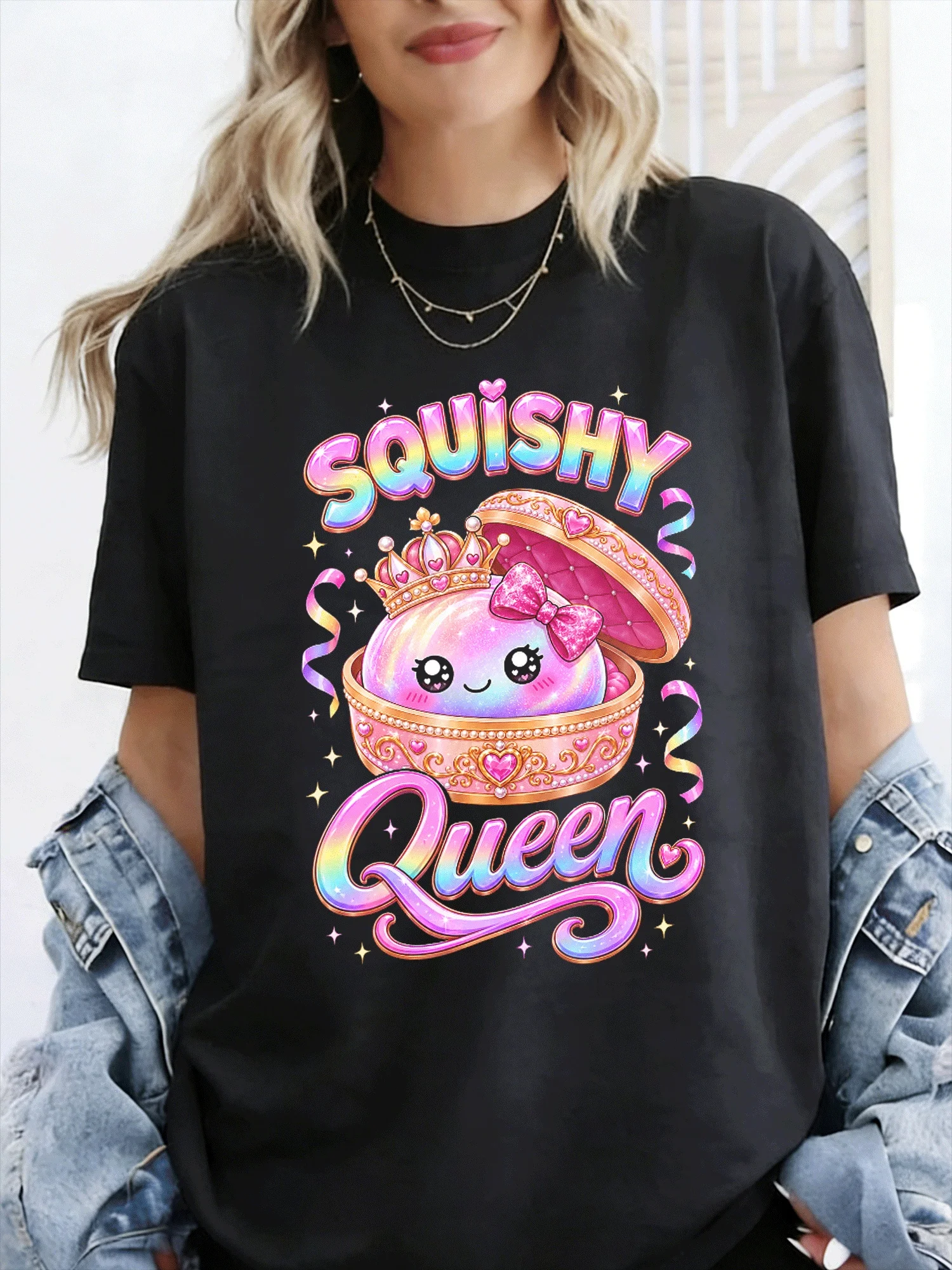 Cute Squishy Queen Rainbow Toy Treasure Box Art Print Graphic Womens T Shirt Short Sleeve Crew Neck Casual Ladies Tee Tops
