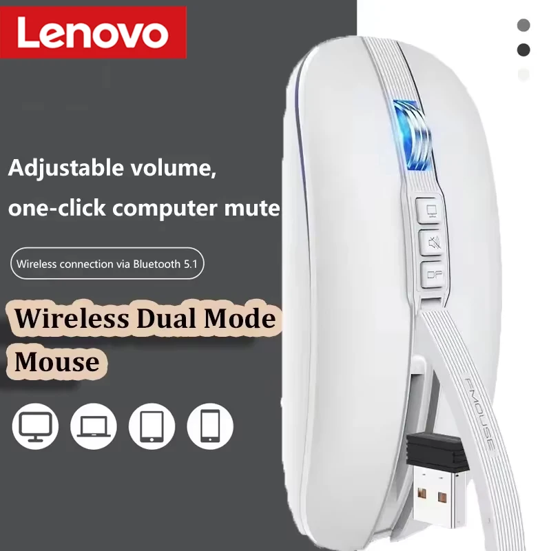 Lenovo Dual Mode Mouse Bluetooth Wireless Type-C Charging Silent Ultra-Slim Portable For Tablets Laptops Home Office Gaming Use
