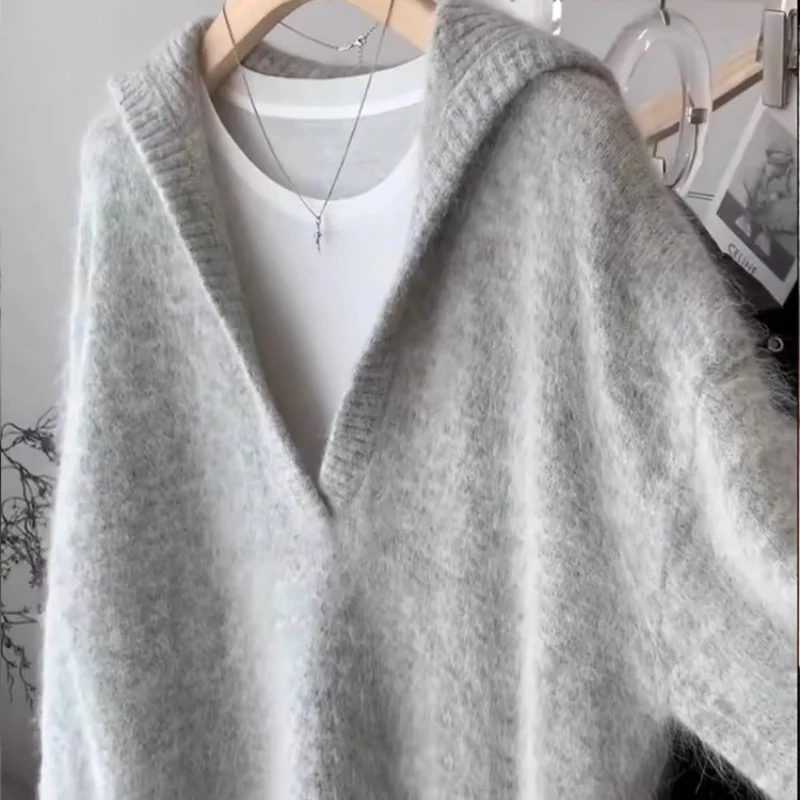 

Chinese Style Casual Gray Hooded Cashmere Sweater Women Autumn New Deep V-neck Knitted Pullover Loose Y2k Clothes