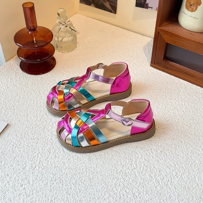 Summer Kids Wedge Round-Toe Roman Shoes Children Soft One-Strap Shoes Girls Shiny Hollow-Out Sandals Casual Beach Sandals Shoes