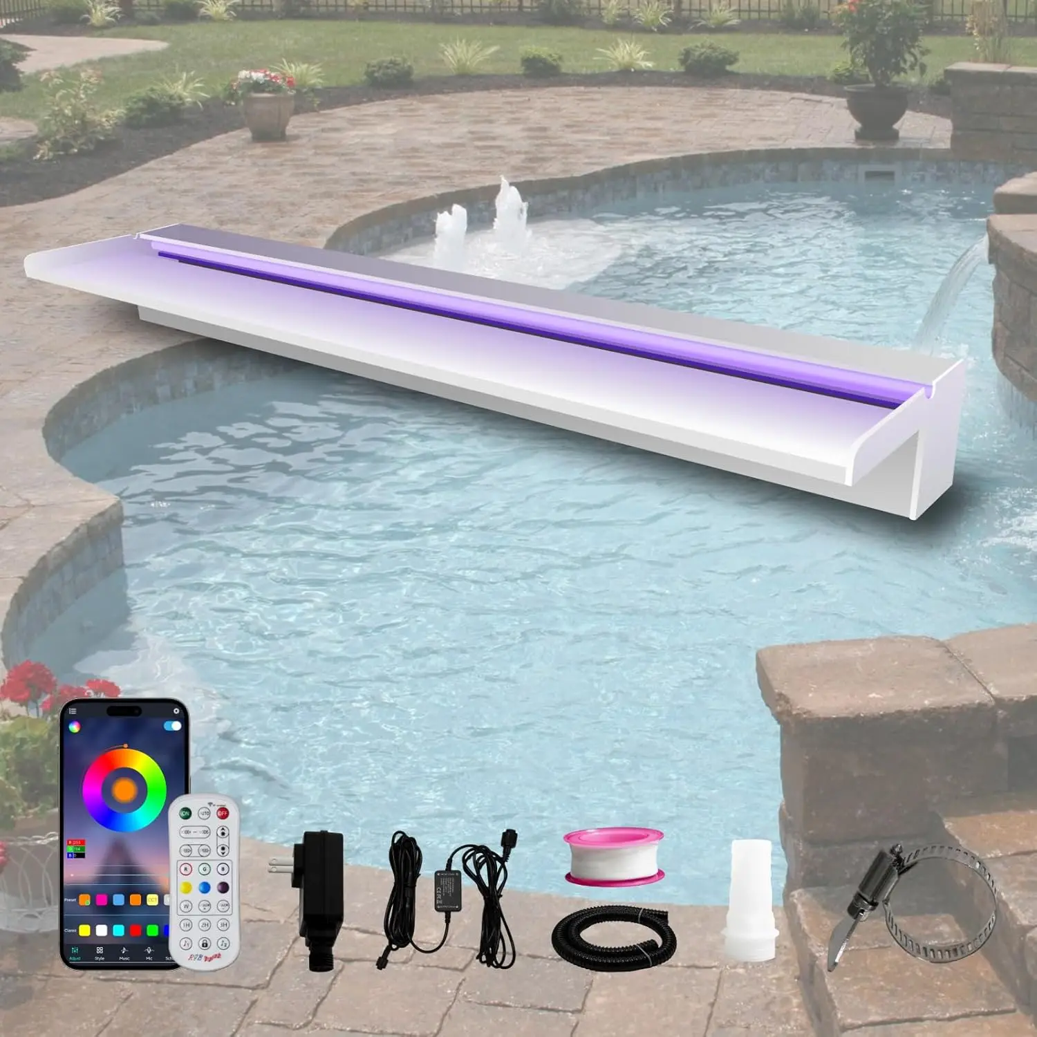 Pond Waterfall Spillway, App Control Multi-Color Led Light Outdoor Pool Fountain, Acrylic Water Spillway Koi Fountains Kit For