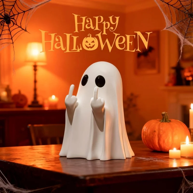 Halloween Ghost Figurine-Middle Finger Spooky & Cute Ghost Statue Tabletop Decoration Funny Ghost Halloween Decor Indoor