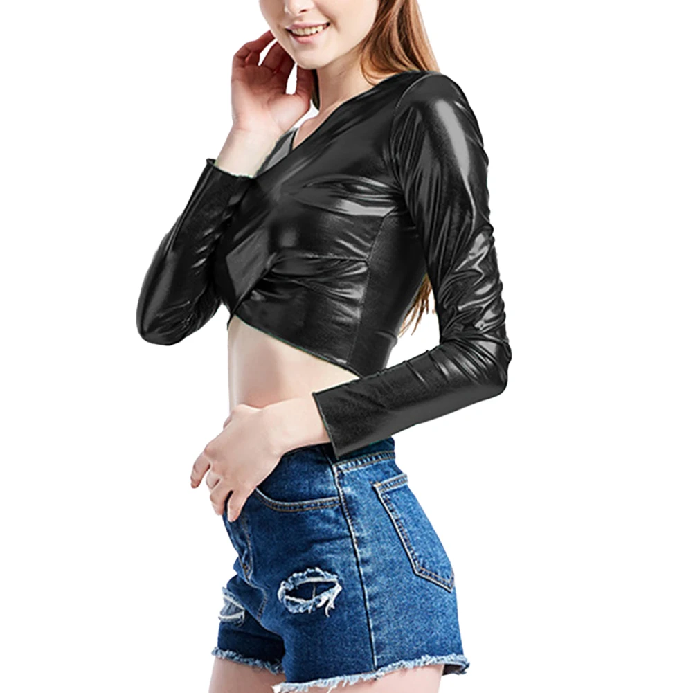 

Women Faux Leather Shiny Wetlook Crop Top Long Sleeve V-neck Top Dance Clubwear