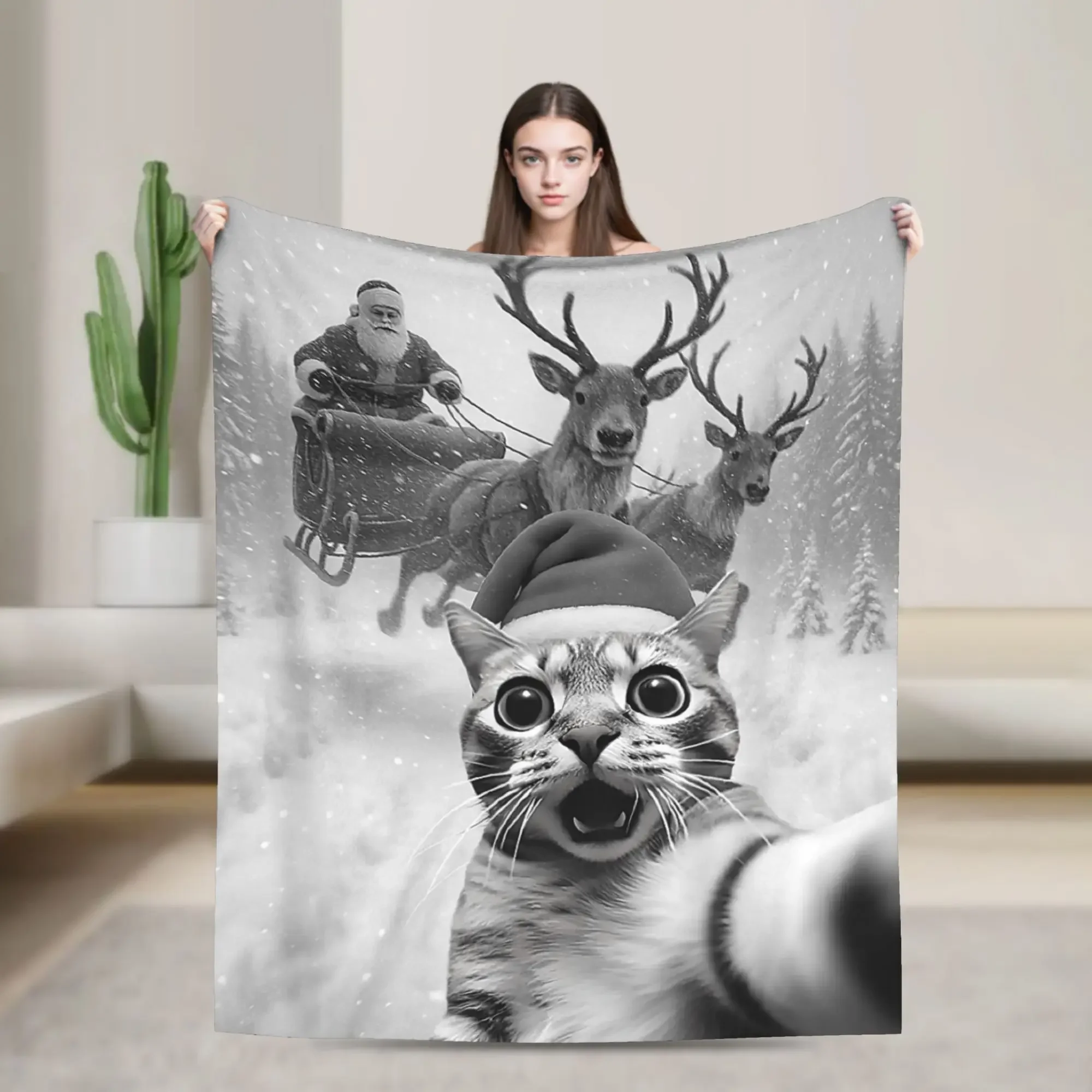 

Забавное одеяло с котом, селфи и Санта-Клаусом на Рождество: Мягкий теплый плед для зимы, спальни, студентов, праздничного домашнего декора