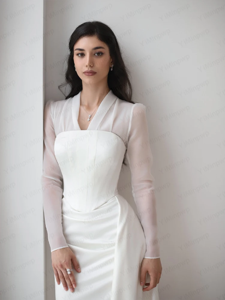 Elegante Brautkleider V-ausschnitt Langarm Meerjungfrau Braut Kleid Sweep Zug Arabisch Satin Brautkleid Angepasst vestidos de novia