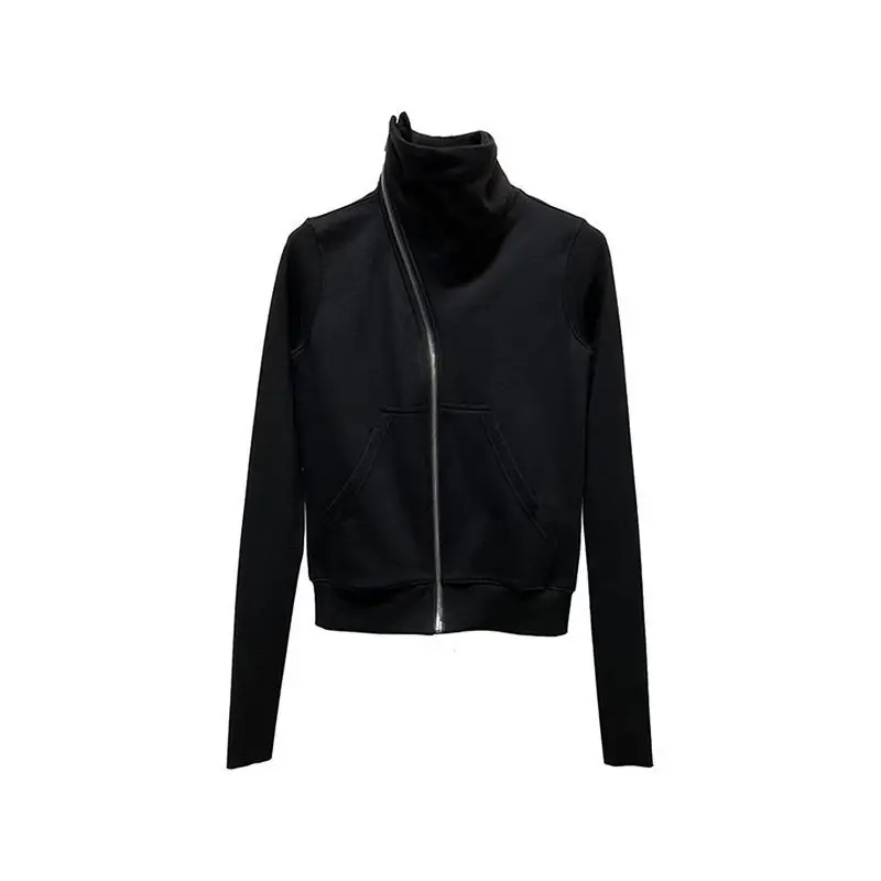 American Vintage Black Long Sleeve Short Jacket Women Casual Streetwear Slim Y2k Retro Turtleneck Coat Zipper Solid 2025 Autumn
