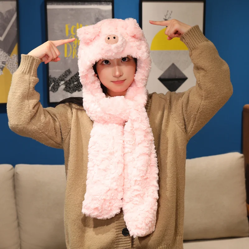 곰 돼지 스카프 모자 부드러운 플러시 귀여운 동물 핑크 돼지 브라운 베어 따뜻한 헤드웨어 모자 겨울 선물 소녀 소년 어린이 성인용