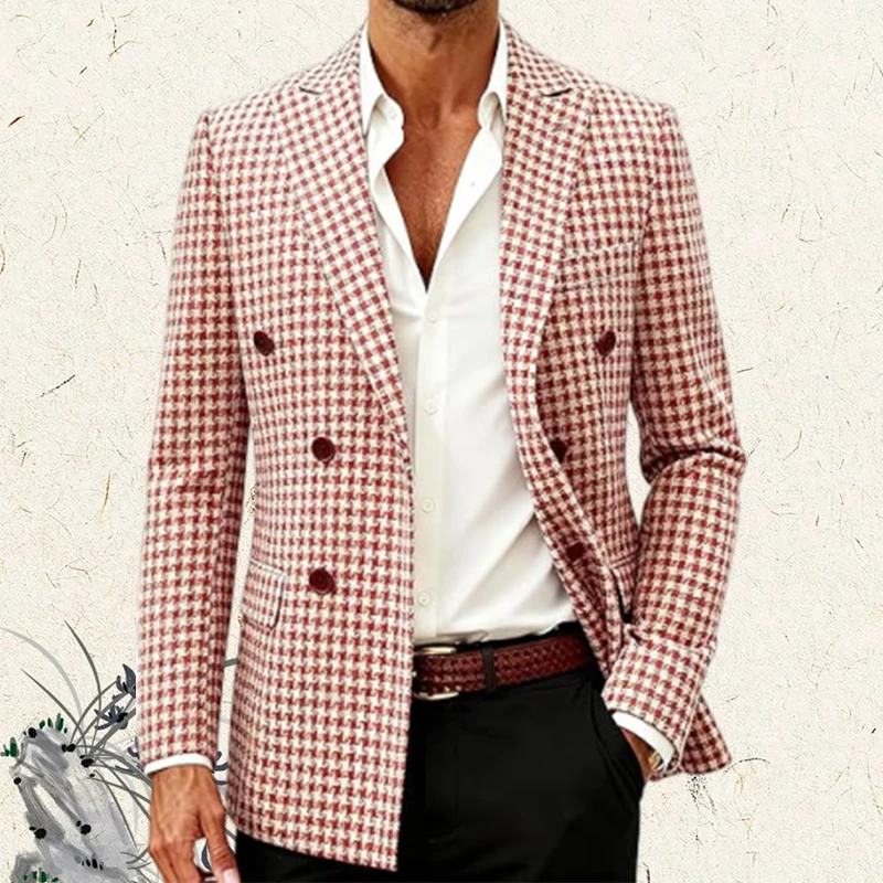 

Men's Suit Jacket Houndstooth Slim fit Fashionable Casual Coat Lapel Double Breasted Suit Party Tuxedo Blazer